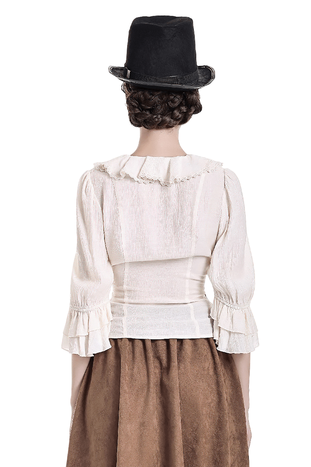 Women's Ruffle Neck Blouse with Side Lacing and Bell Cuffs