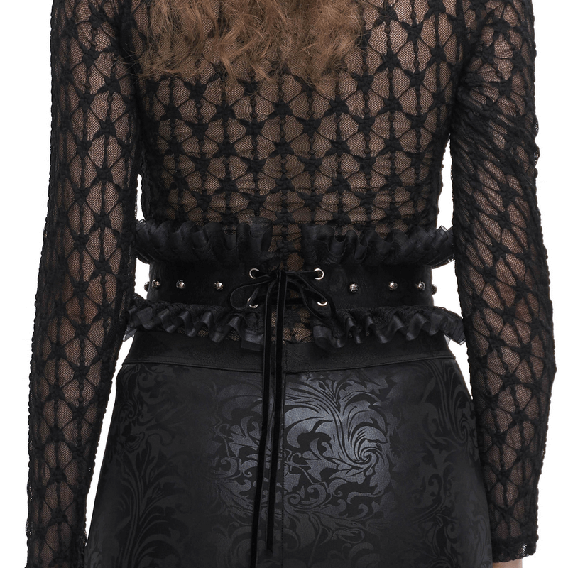 Back view of a woman's gothic lace-up faux leather belt with ruffled details and adjustable buckle.