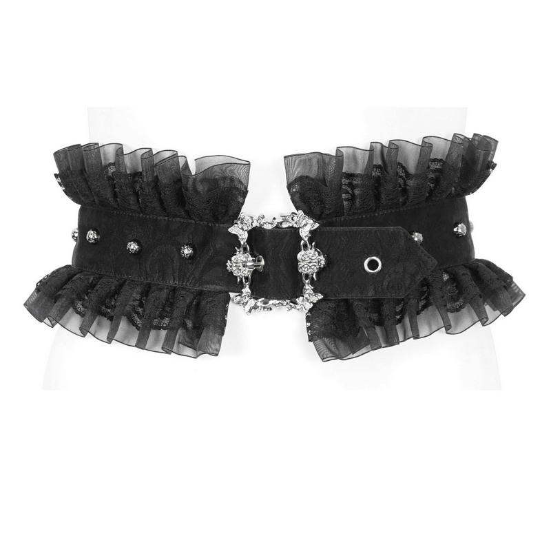 Women's Ruffled Splice Faux Leather Belt / Gothic Adjustable Lace-Up Buckle Belt - HARD'N'HEAVY