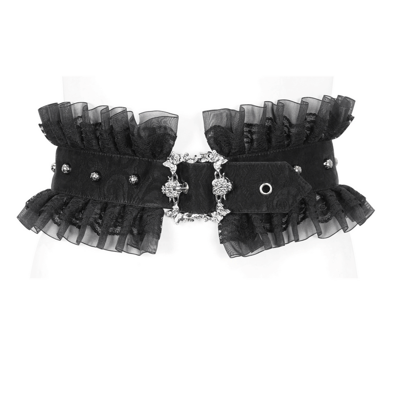 Women's Gothic ruffled splice belt with lace-up buckle and adjustable fit, perfect for fashion-forward styles.