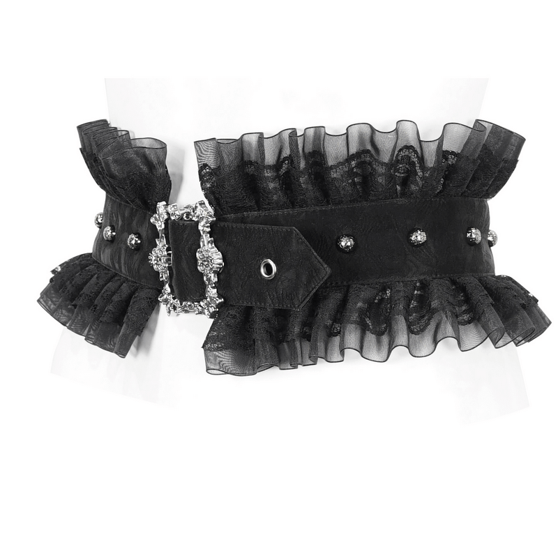Women's Ruffled Splice Faux Leather Belt / Gothic Adjustable Lace-Up Buckle Belt - HARD'N'HEAVY