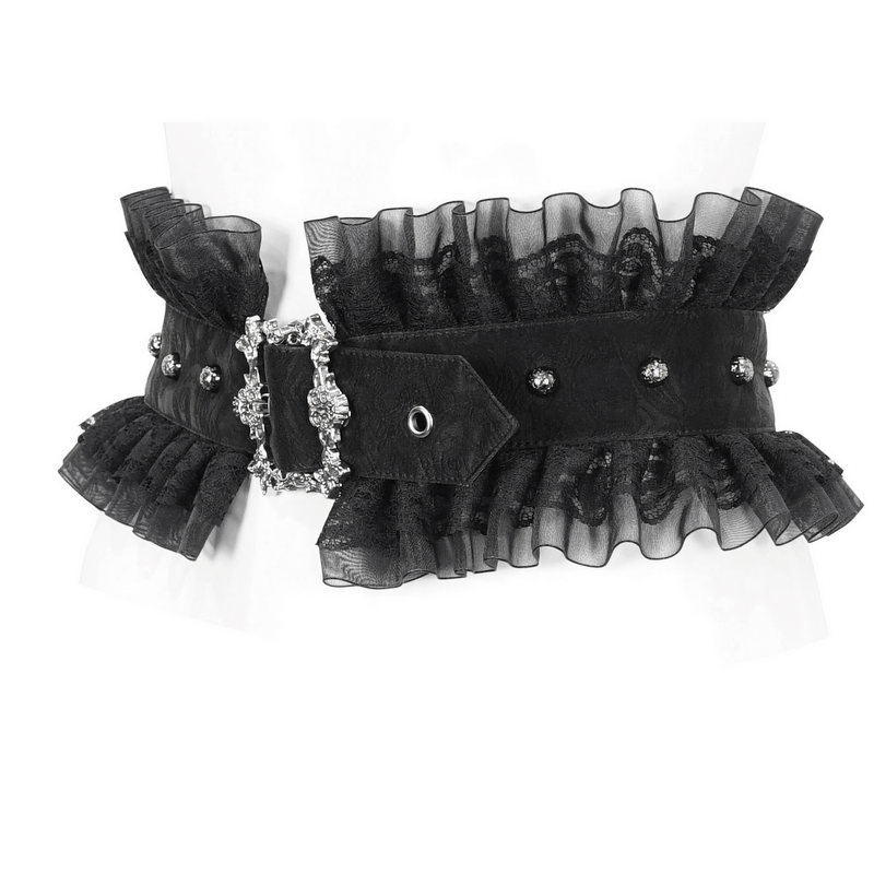 Women's Gothic ruffled splice faux leather belt with lace-up buckle detail and decorative studs.