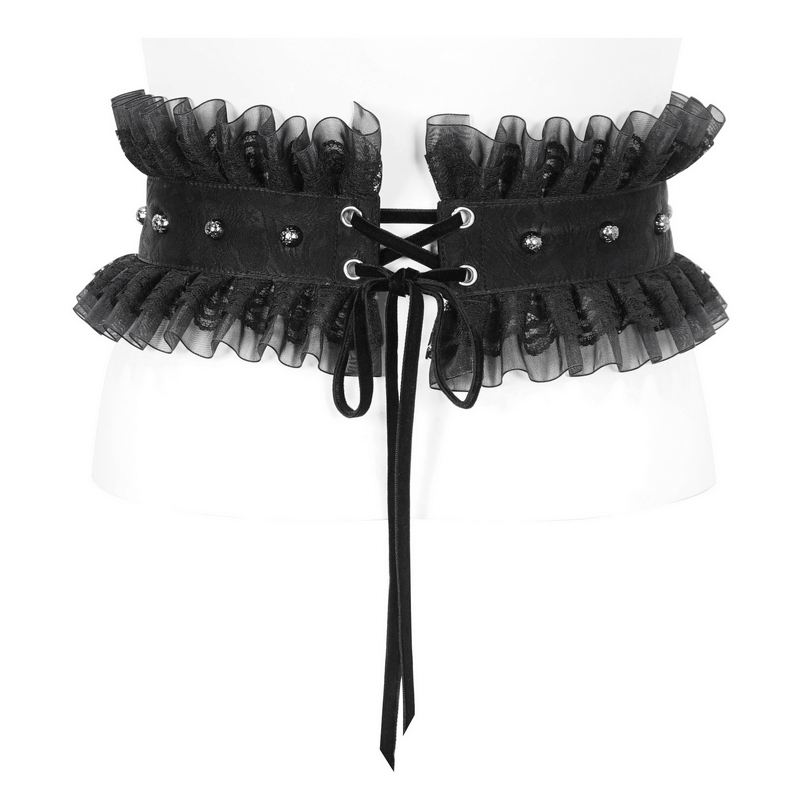 Women's gothic ruffled faux leather belt with lace-up design and adjustable fit, perfect for chic outfits.