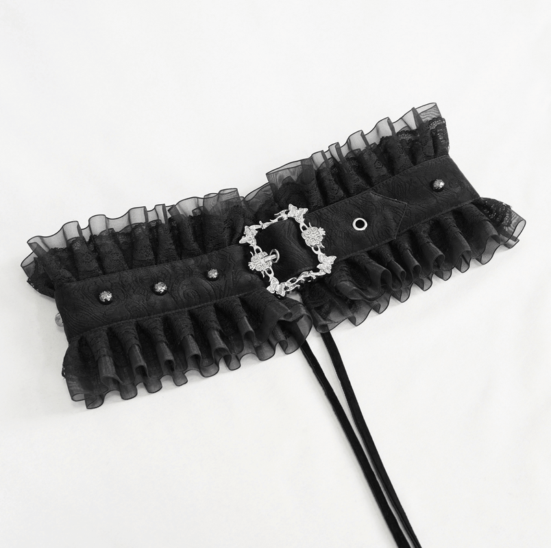 Women's gothic lace-up belt with ruffled faux leather design and intricate buckle detail, perfect for fashionable styles.