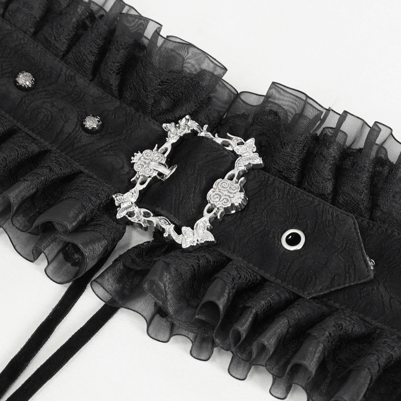 Women's ruffled splice faux leather gothic belt with intricate lace-up silver buckle and ruffled details.