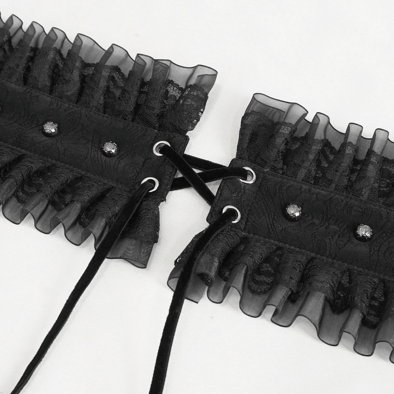 Women's gothic ruffled faux leather belt with lace-up buckle and rhinestone accents, perfect for stylish outfits.