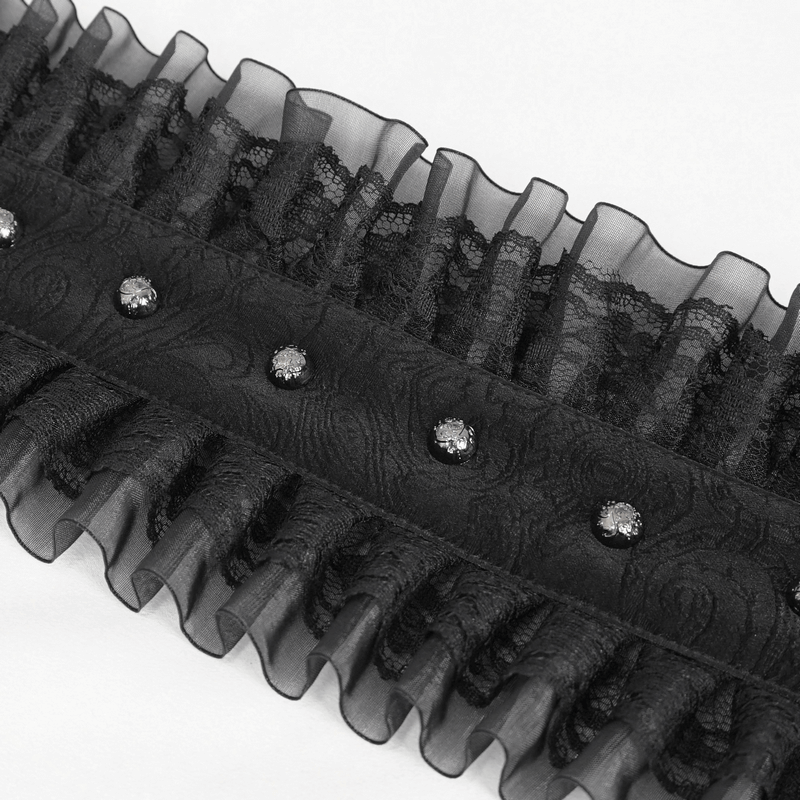 Close-up of a women's gothic ruffled belt featuring lace and sparkling embellishments, perfect for adding style.