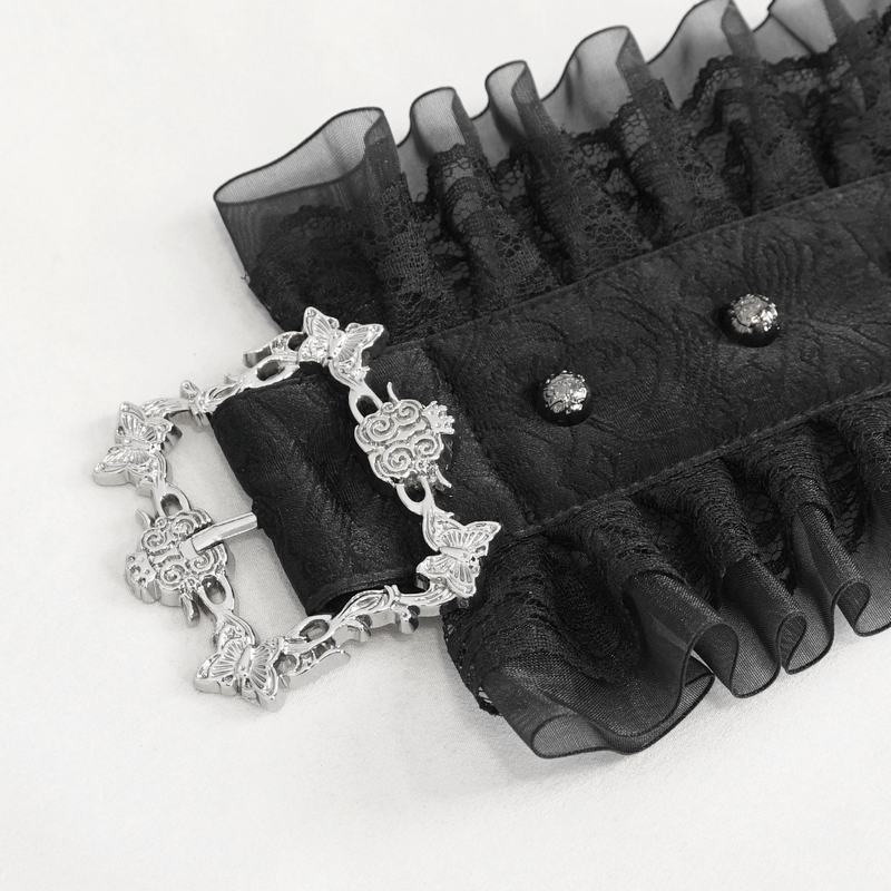 Black women's ruffled splice faux leather belt featuring an ornate lace-up buckle and intricate ruffles for gothic style.