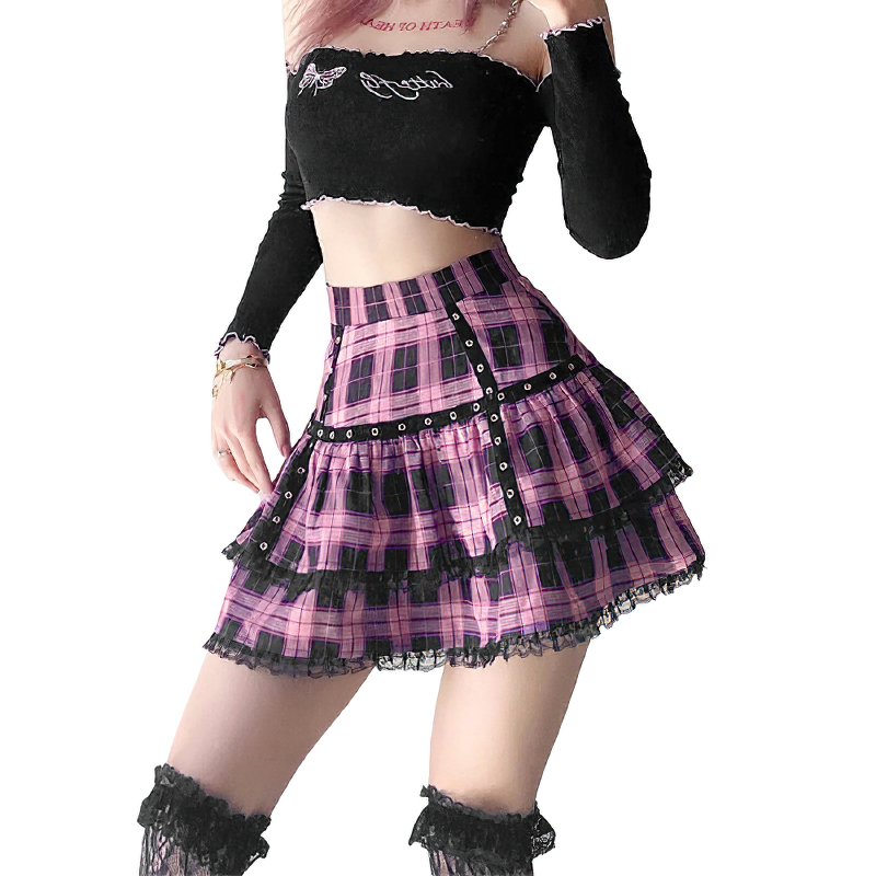 Women's Ruffles High Waist Plaid Mini A-line Skirt / Gothic Style Daily A-Line Skirt - HARD'N'HEAVY