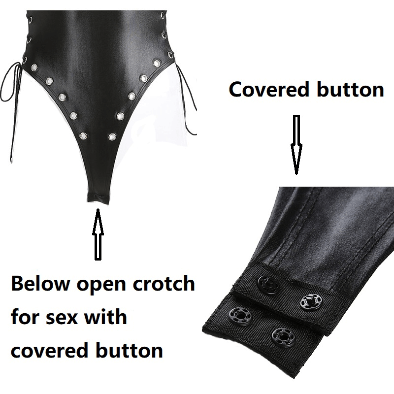 Close-up of black erotic bodysuit with lace-up detailing and covered button for a sleek gothic look.