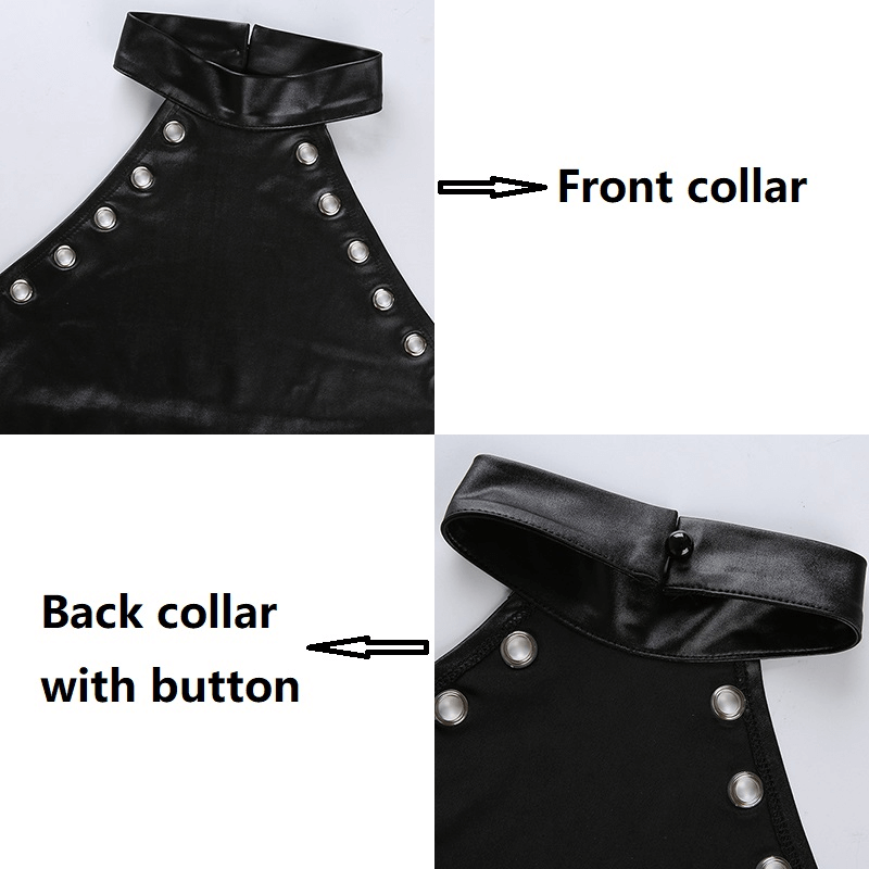 Close-up of Women's Sexy Black Bodysuit showing front and back collars with buttons, highlighting gothic design details.