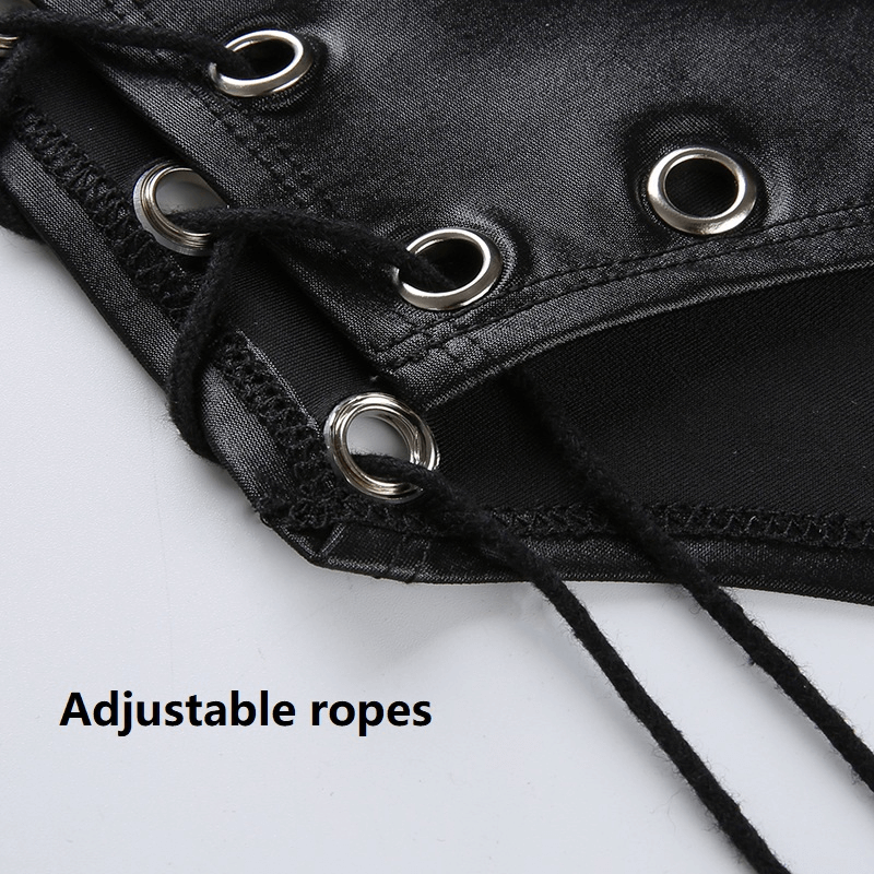 Close-up of adjustable ropes on a sexy black bodysuit featuring stylish metal eyelets for a custom fit.