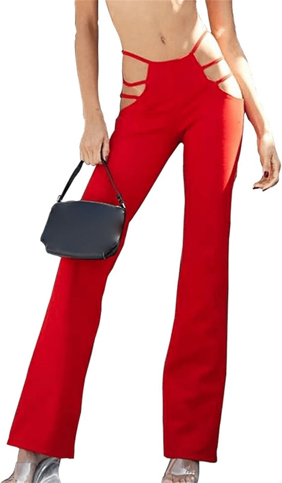 Stylish woman in hollow-out high waist red pants, showcasing alternative fashion with a classy and sexy vibe.