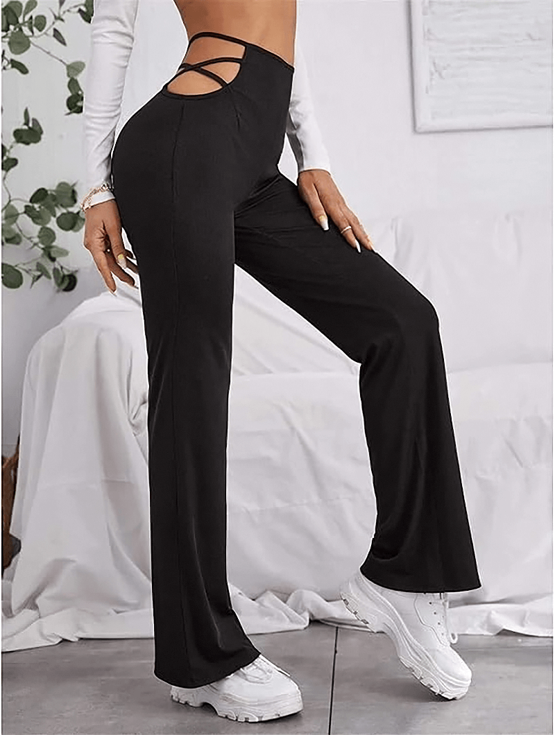 Women's high waist black pants with hollow-out details, perfect for alternative fashion and a classy, sexy look.