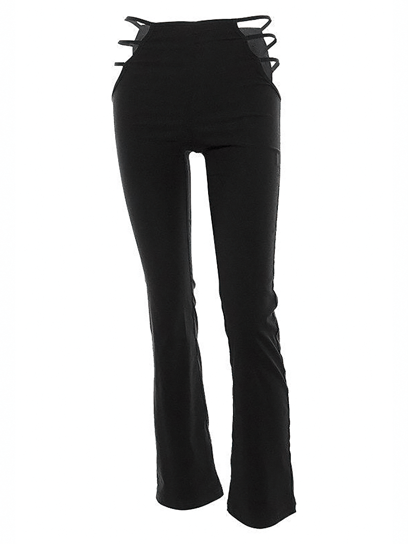 Womens sexy high waist black pants with hollow-out details and flared legs for alternative fashion flair.