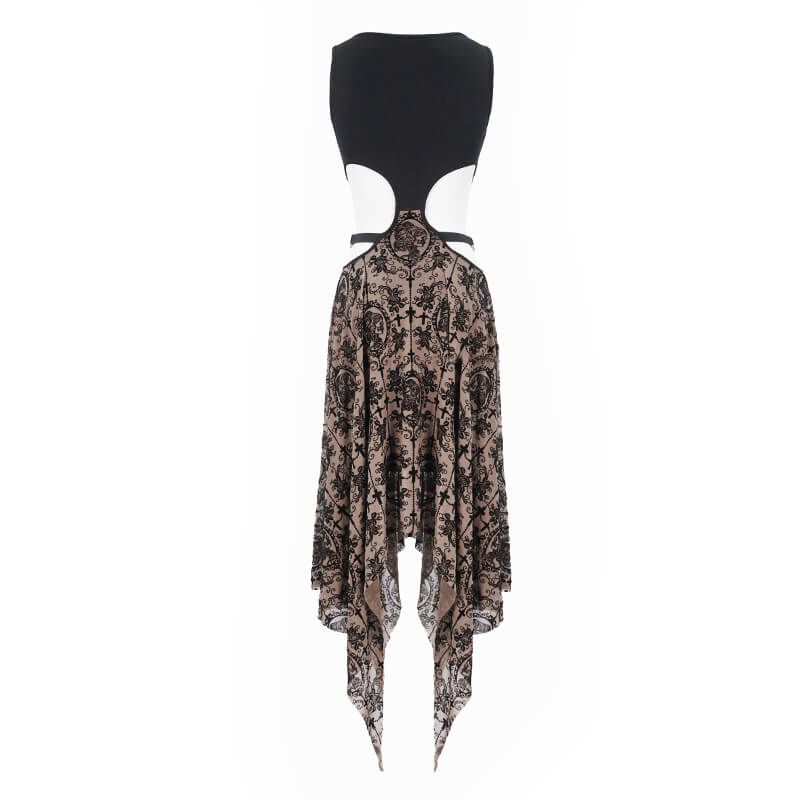 Gothic vintage women's dress featuring a sleeveless design, irregular asymmetrical cut, and intricate metal heart details.