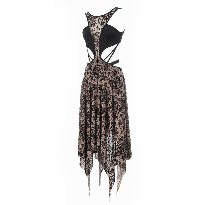 Women's Gothic vintage dress with metal hearts on straps and asymmetrical hem, showcasing an elegant brown pattern.