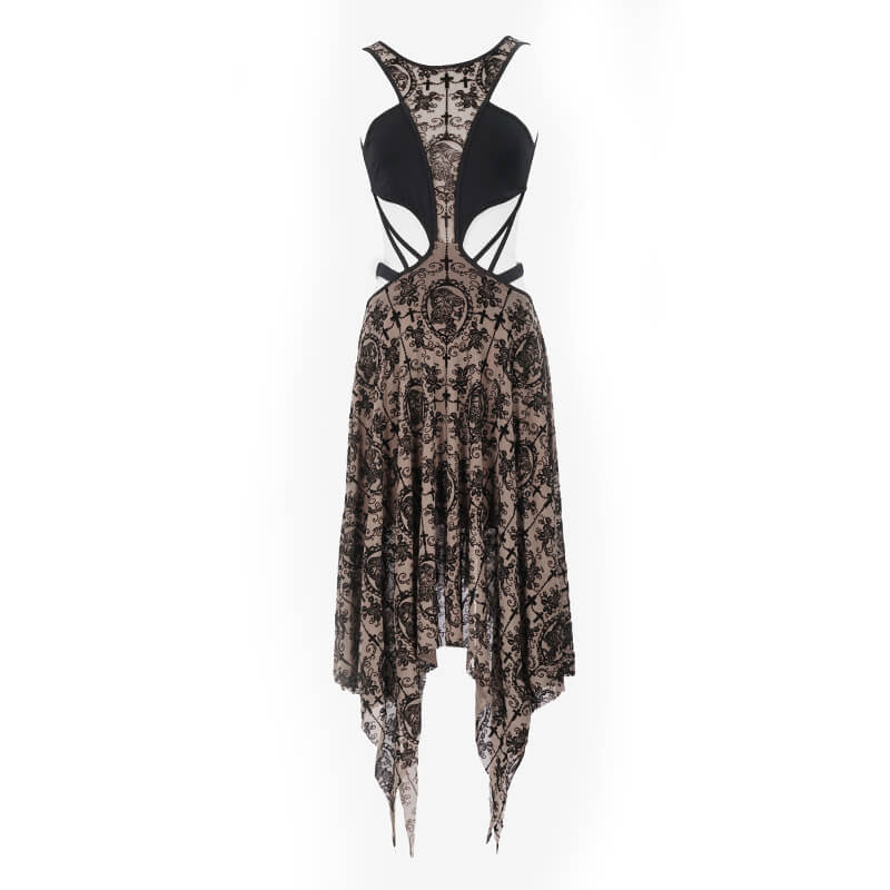 Back view of Women's Gothic Vintage Dress with irregular hem and intricate metal heart straps.