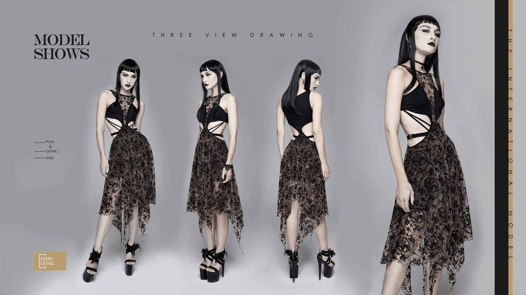 Three view drawing of a women's gothic vintage dress with asymmetrical cut and metal heart straps.