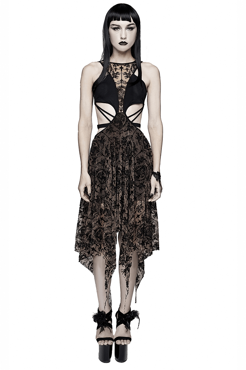 Model wearing a brown vintage gothic dress with metal hearts, featuring asymmetrical cut and vintage patterns.