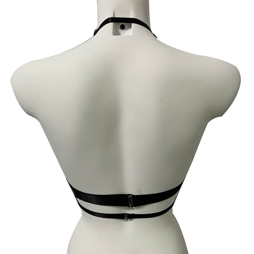 Back view of women's sexy transparent bra with skulls and adjustable straps for a custom fit.