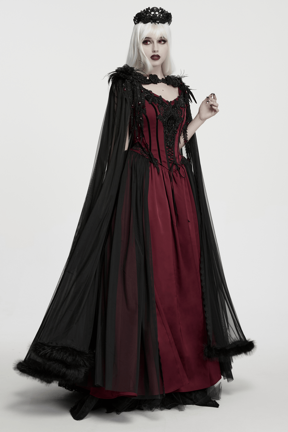 Women's Sheer Gothic Feathered Mesh Cape Cloak black and burgundy with dramatic feathers, regal gothic elegance, and flowing sheer layers