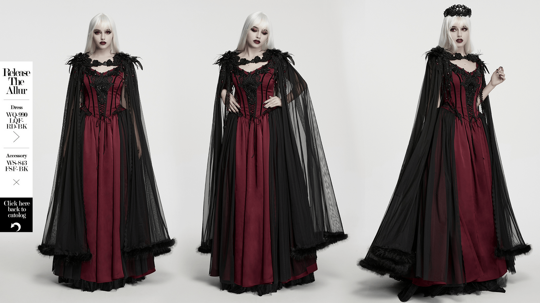 Women's Sheer Gothic Feathered Mesh Cape Cloak in black, styled over burgundy dress with dramatic feather trim