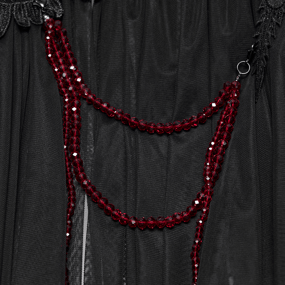 Women's Sheer Gothic Feathered Mesh Cape Cloak with red bead chains, dramatic feathers, and black sheer mesh detail