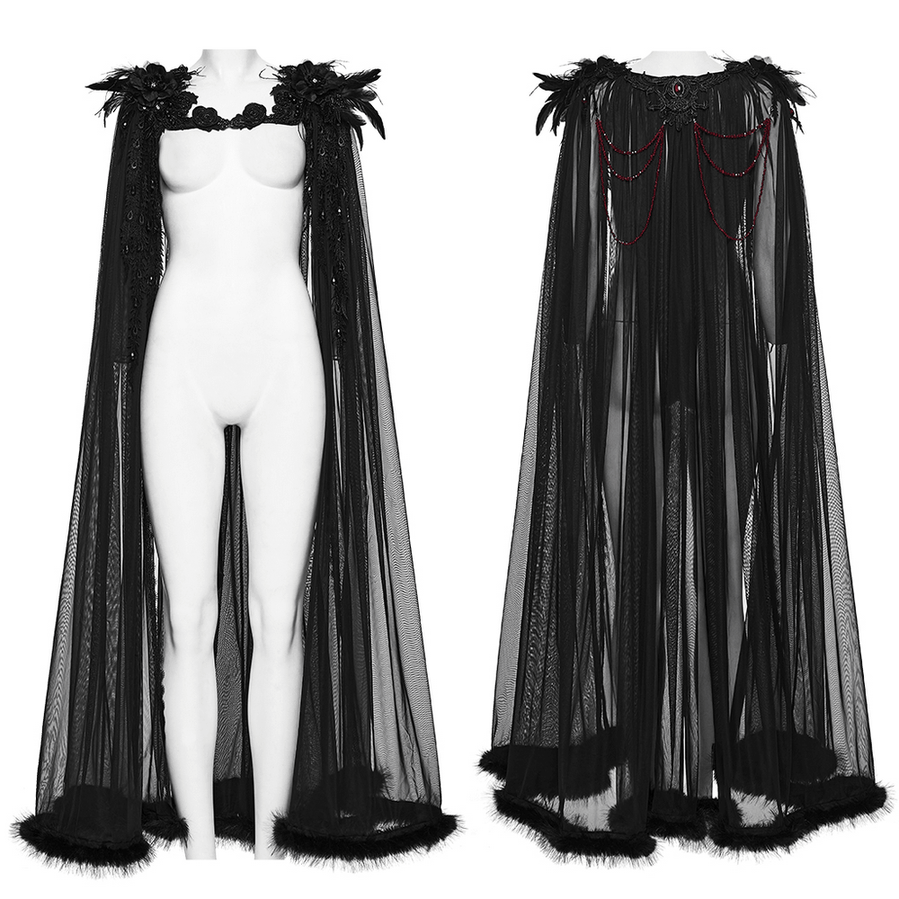 Women's Sheer Gothic Feathered Mesh Cape Cloak, black sheer mesh with feathered shoulders and floor-length dramatic cape