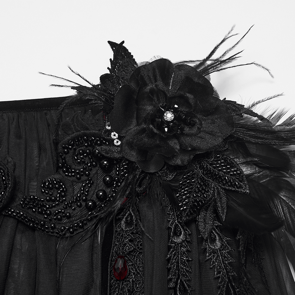 Women's Sheer Gothic Feathered Mesh Cape Cloak with black flower, beaded embellishments, and dramatic feather trim