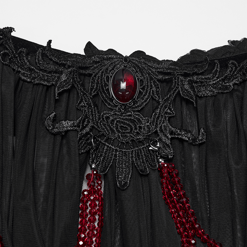 Women's Sheer Gothic Feathered Mesh Cape Cloak with black mesh, dramatic feathers, red jeweled buckle, and ornate gothic shoulder embellishment