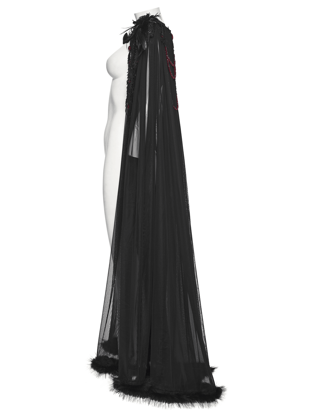 Women's Sheer Gothic Feathered Mesh Cape Cloak in black, dramatic floor-length sheer mesh with feather trim and shoulder embellishments