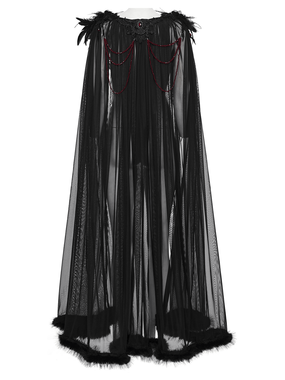 Women's Sheer Gothic Feathered Mesh Cape Cloak with dramatic black mesh, feather trim, and edgy shoulder embellishments