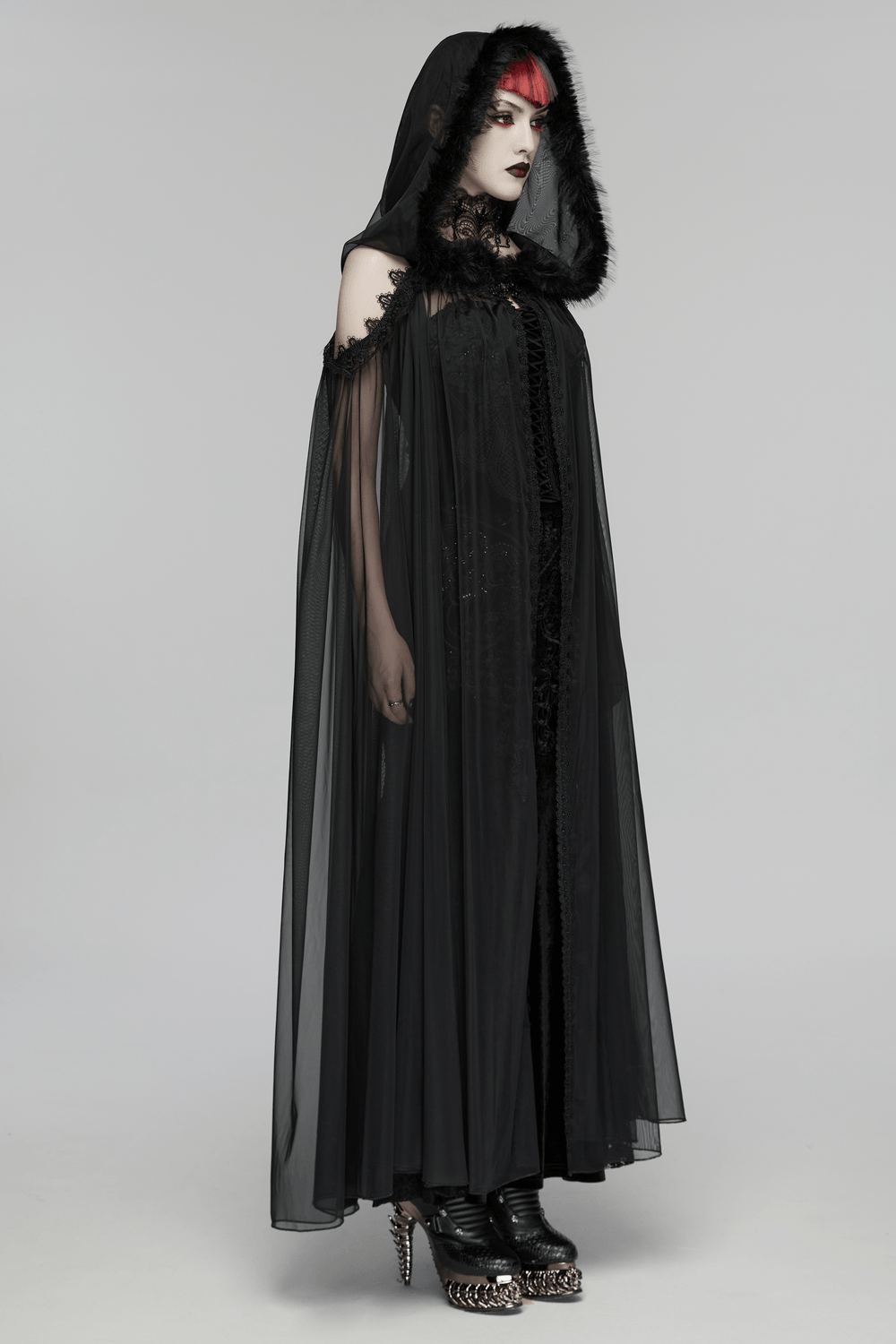 Women's Sheer Gothic Hooded Mesh Ritual Cloak worn by a model, featuring a hood, plush fur trim, and ethereal silhouette.