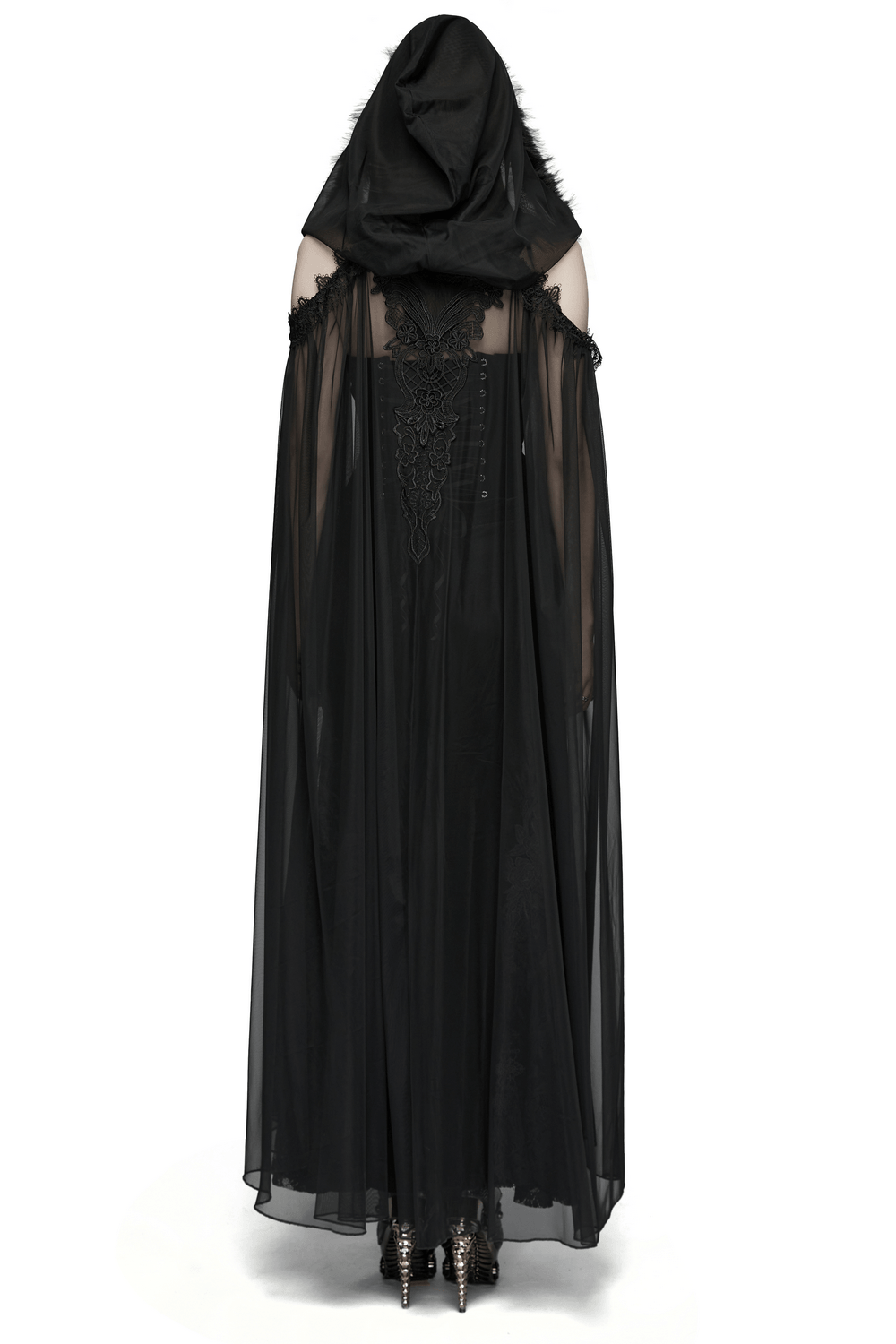 Women's Sheer Gothic Hooded Mesh Ritual Cloak showcasing the elegant back detail and ethereal silhouette.