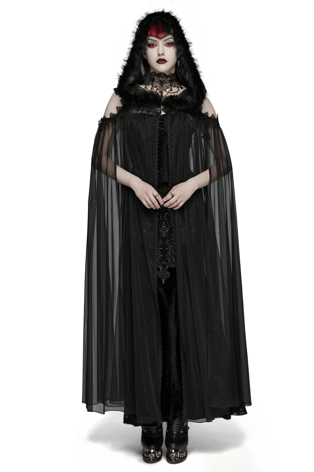 Women's Sheer Gothic Hooded Mesh Ritual Cloak worn by a model, showcasing its ethereal design and embroidered details.
