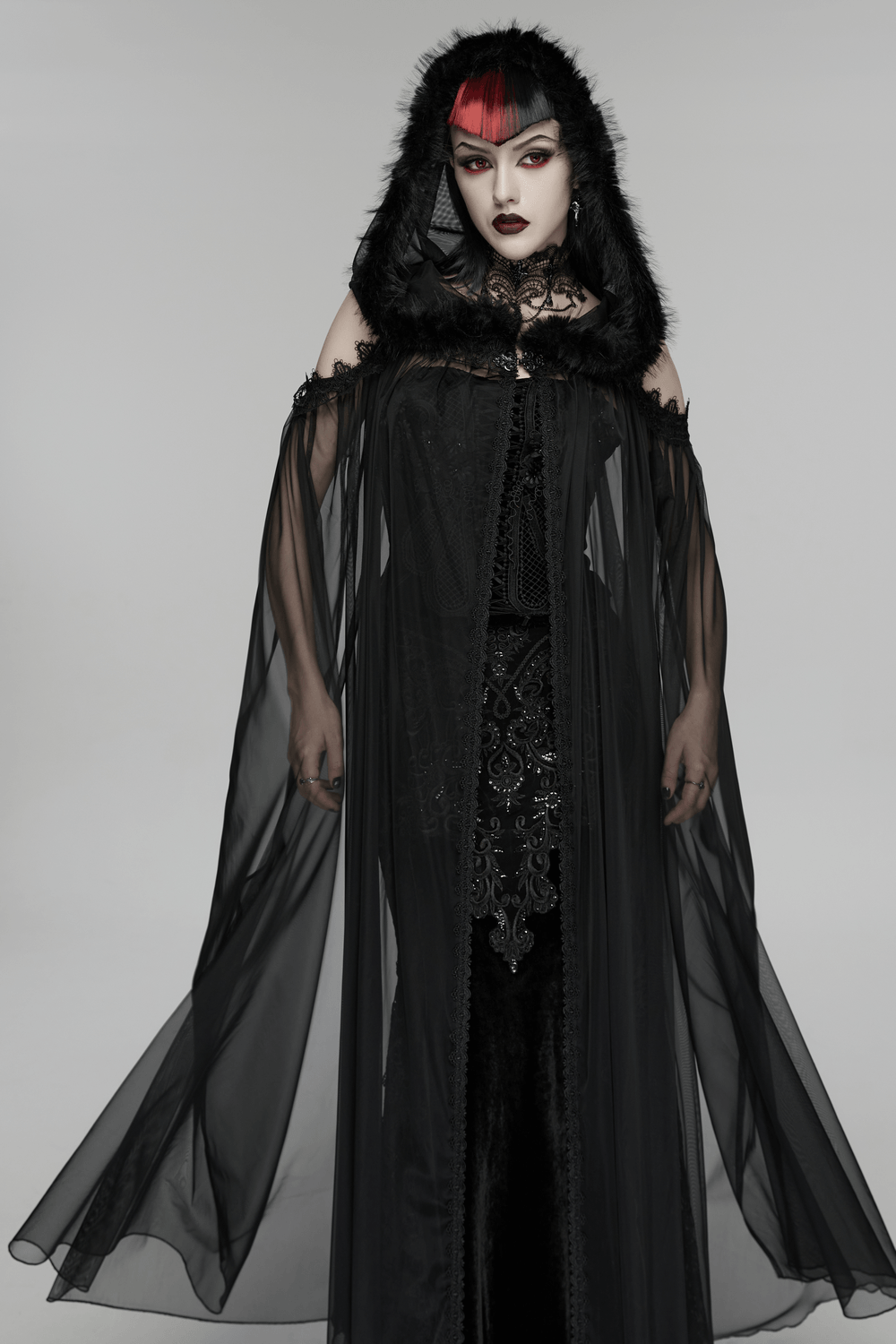 Women's Sheer Gothic Hooded Mesh Ritual Cloak worn by a model with a dramatic dark aesthetic.