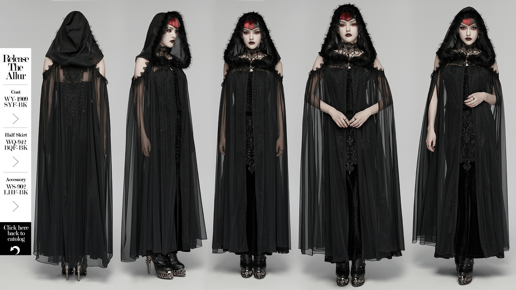 Women's Sheer Gothic Hooded Mesh Ritual Cloak worn by a model, showcasing embroidered details and plush fur trim.