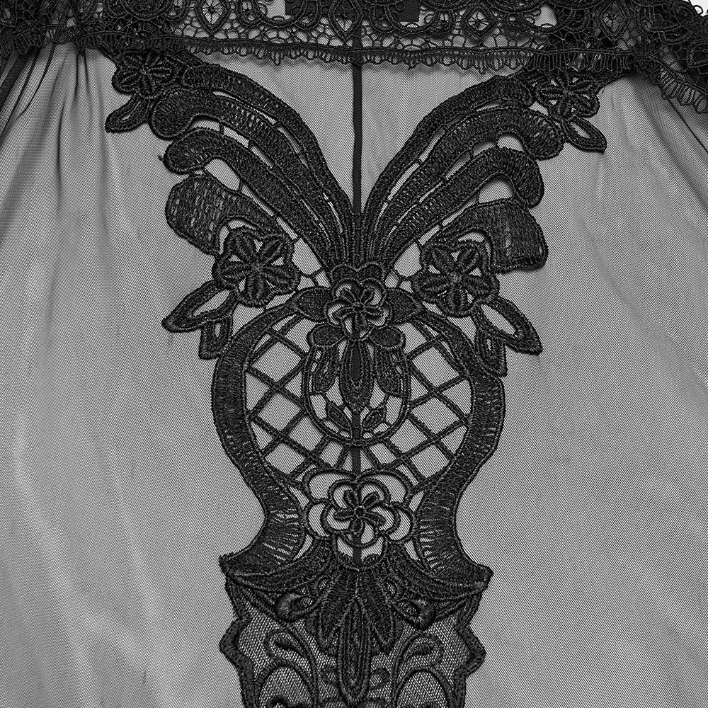 Women's Sheer Gothic Hooded Mesh Ritual Cloak intricate embroidered back detail close-up showcasing dark romance design.