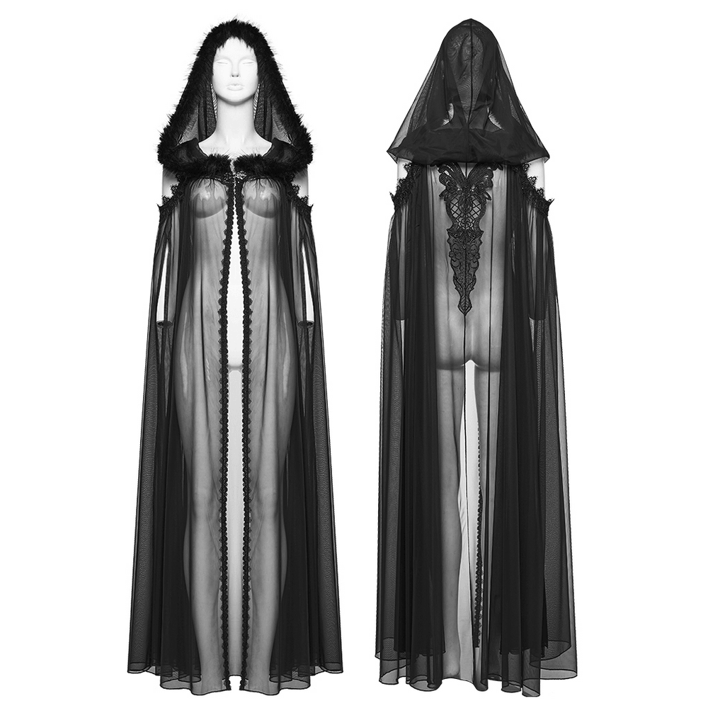 Women's Sheer Gothic Hooded Mesh Ritual Cloak displayed from the front and back, featuring delicate mesh and embroidered detail.