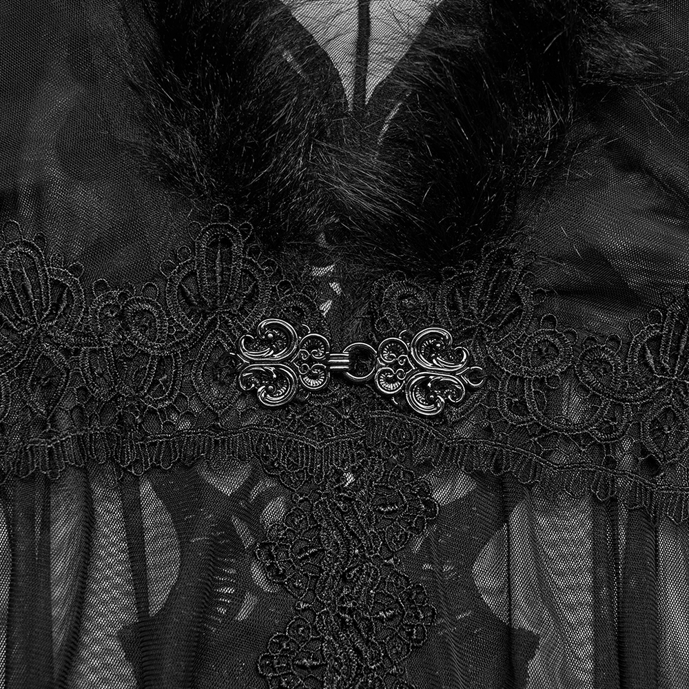 Close-up of intricate detailing on the Women's Sheer Gothic Hooded Mesh Ritual Cloak, showcasing embroidered lace and plush trim.