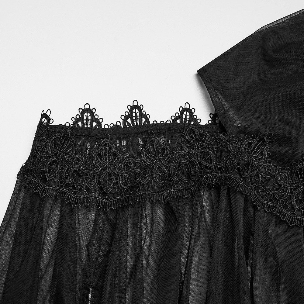 Close-up of the intricate lace detailing of the Women's Sheer Gothic Hooded Mesh Ritual Cloak.