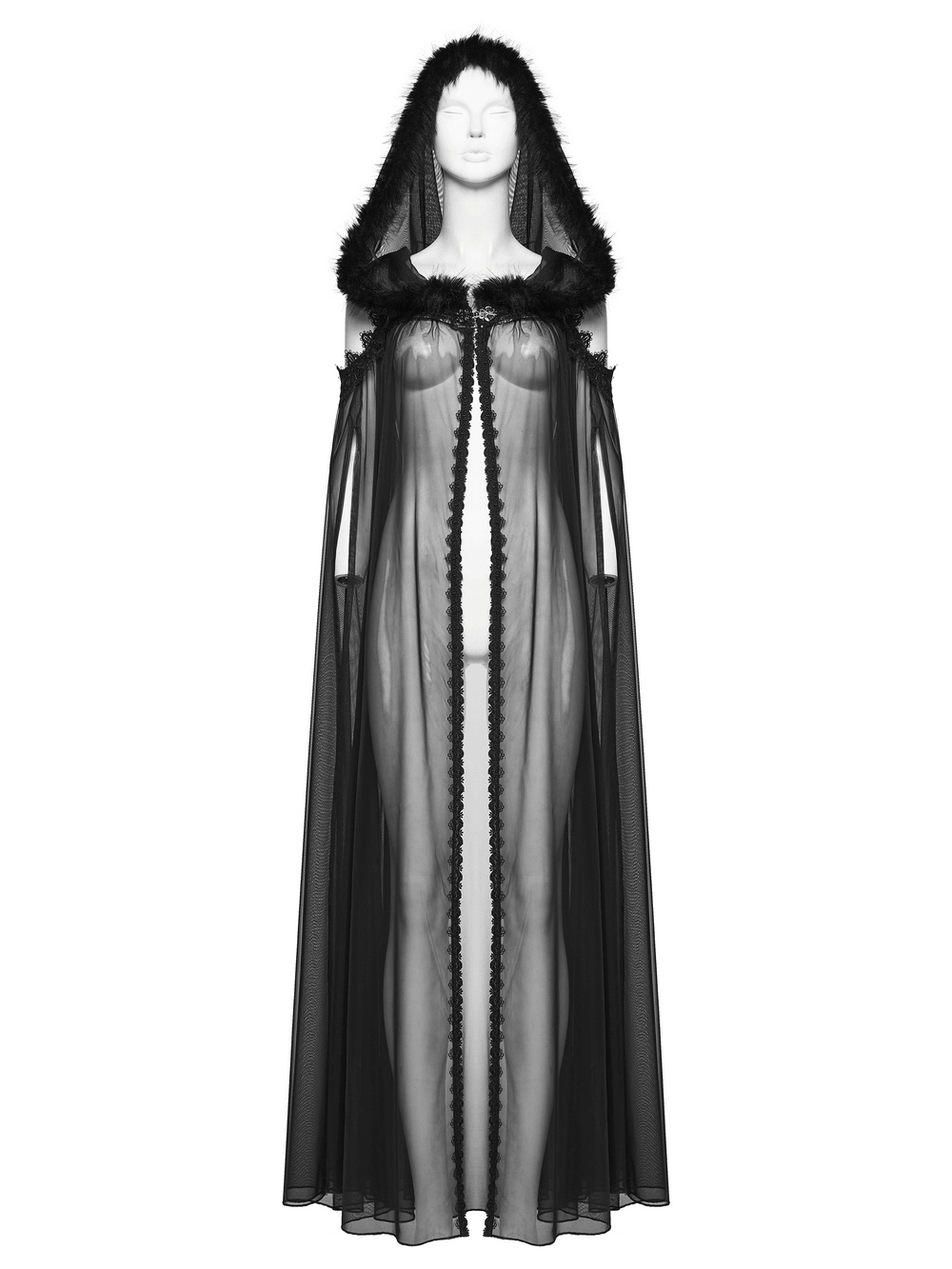 Women's Sheer Gothic Hooded Mesh Ritual Cloak displayed on a mannequin, featuring a flowing design and plush fur trim.