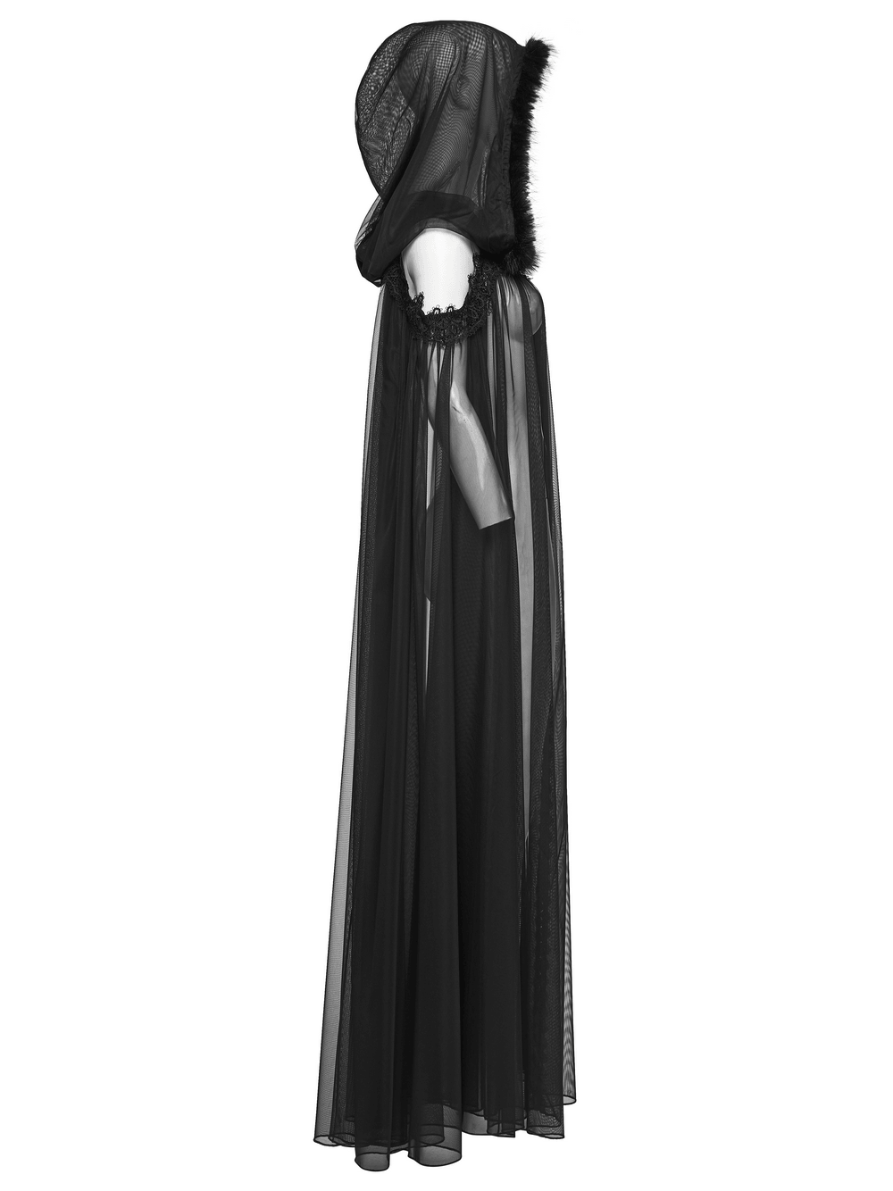 Women’s Sheer Gothic Hooded Mesh Ritual Cloak featuring a flowing design and plush fur trim.