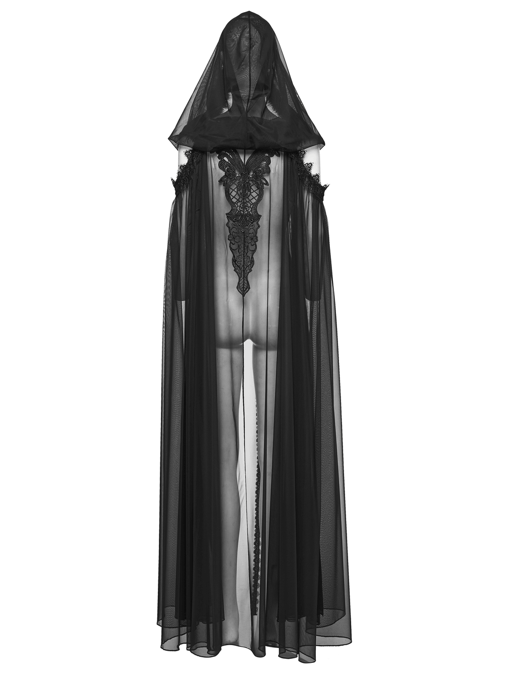 Women's Sheer Gothic Hooded Mesh Ritual Cloak showcasing delicate mesh and embroidered back detail for a dramatic gothic look.