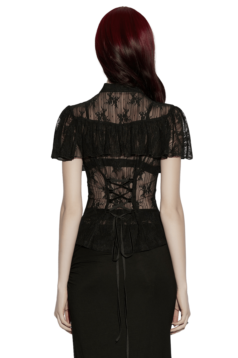 Back view of Women's Sheer Gothic Lace Up Waist Blouse Top featuring lace and ruffle sleeve design.