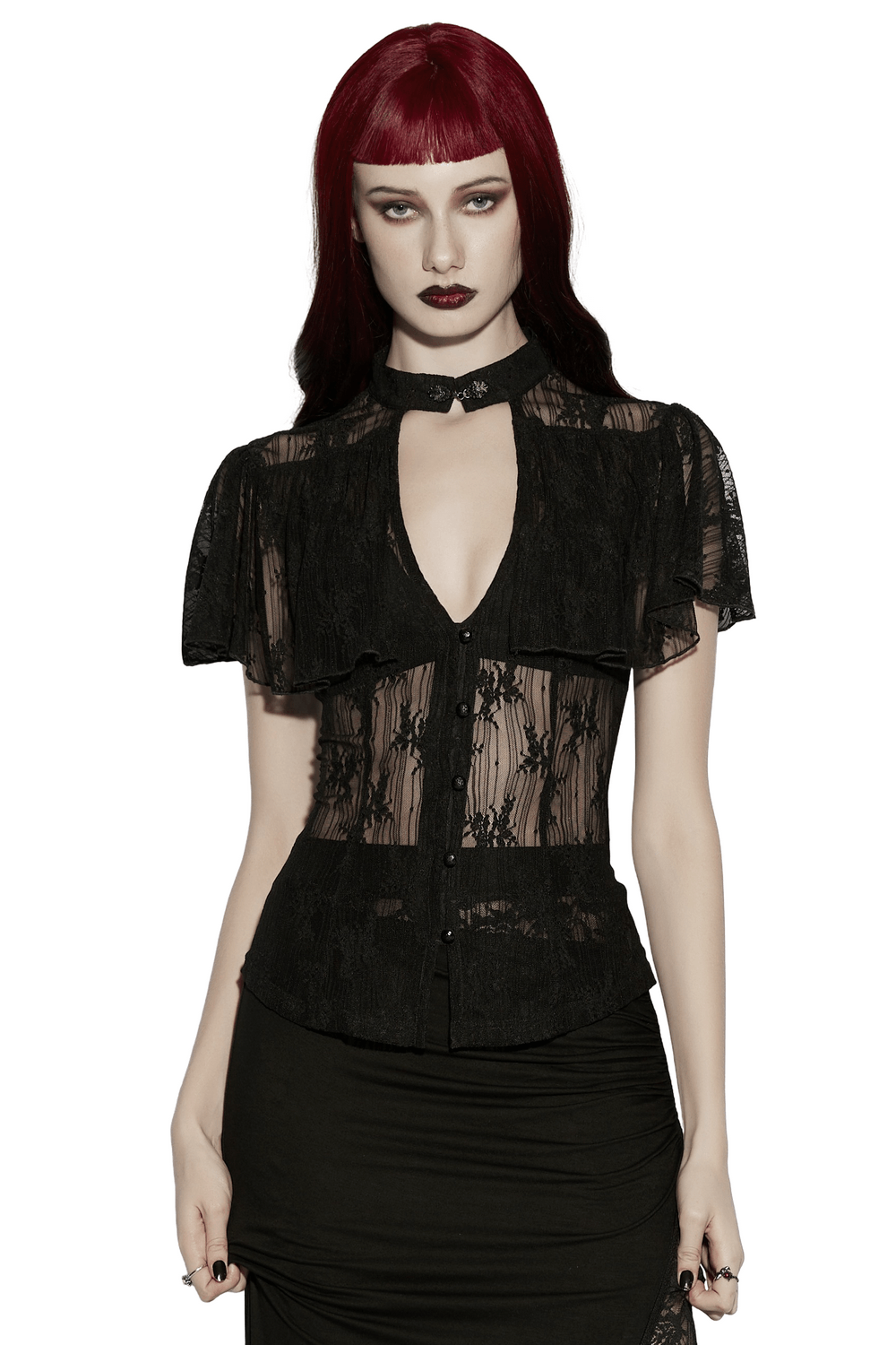 Women's Sheer Gothic Lace Up Waist Blouse Top worn by model with red hair and a gothic aesthetic.