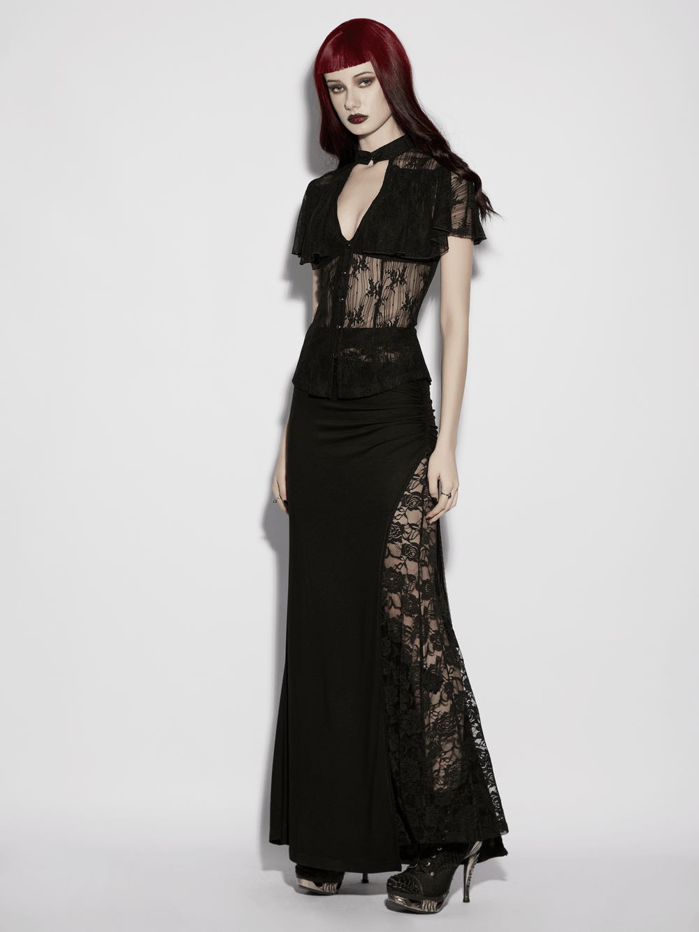 Women's Sheer Gothic Lace Up Waist Blouse Top showcased on a model, featuring a lace overlay and ruffle cape sleeves.
