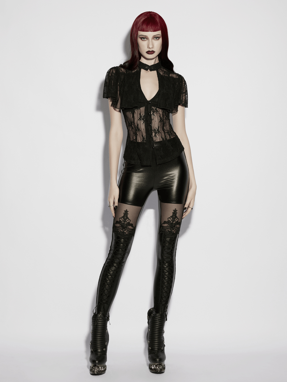 Women's Sheer Gothic Lace Up Waist Blouse Top featuring lace shirt with ruffle cape sleeves and dark fashion style.