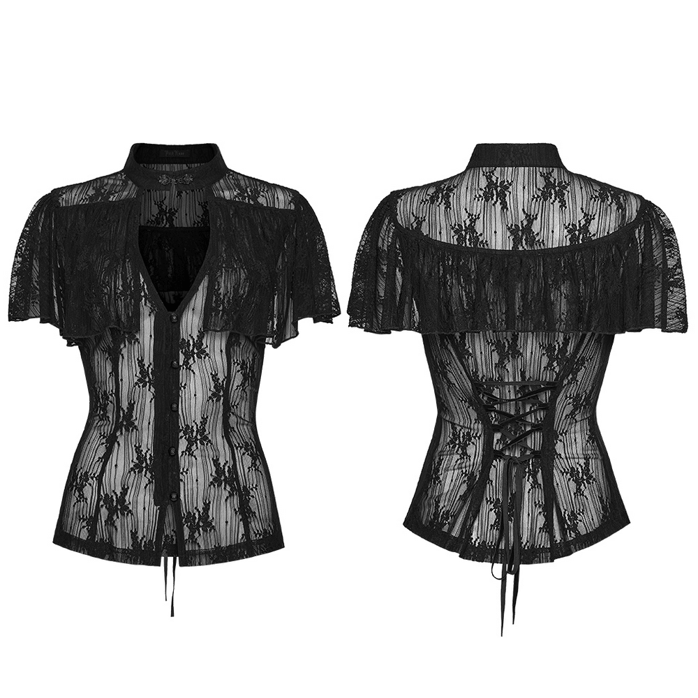 Women's Sheer Gothic Lace Up Waist Blouse Top with ruffle cape sleeves and lace-up back for adjustable fit.
